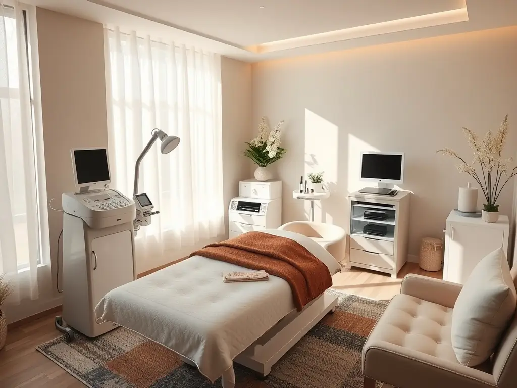 A modern and clean image representing a med spa environment, showcasing advanced technology integrated into the spa's operations. Focus on a serene setting with subtle AI elements.