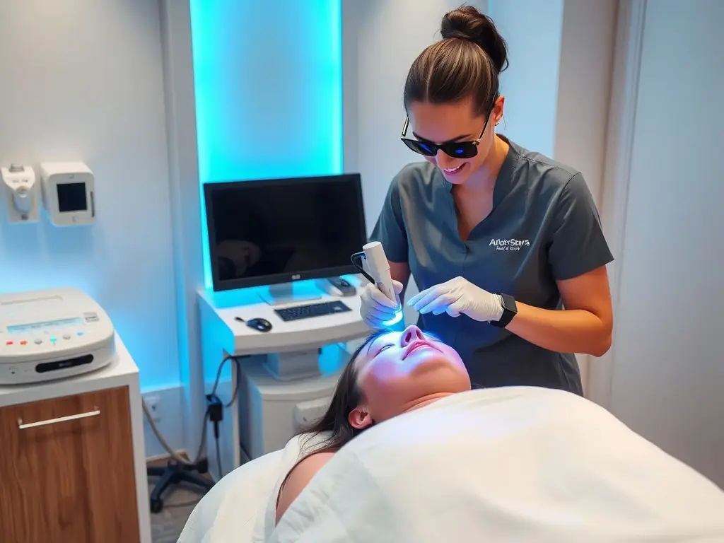 An image depicting a laser therapy clinic with advanced laser equipment and a focus on patient care. The image should convey precision and technological advancement.